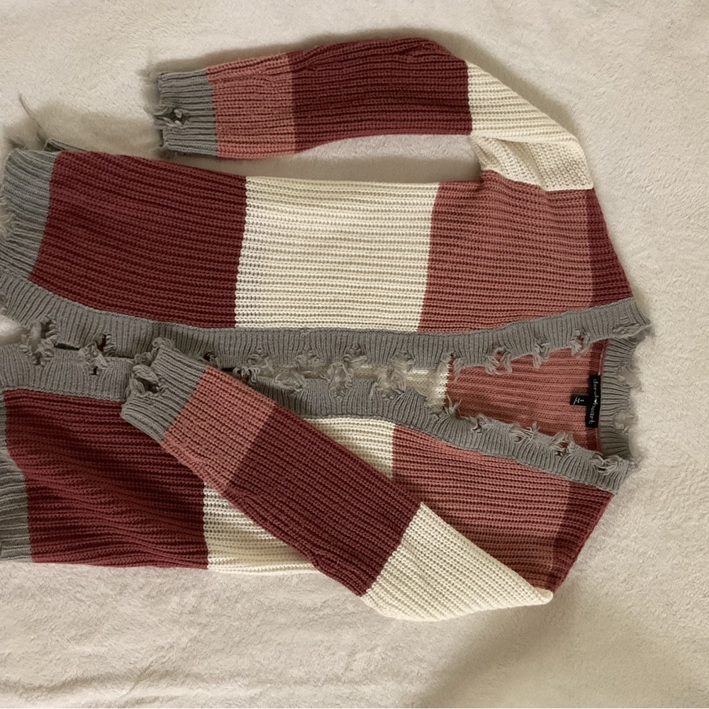 Cherish Red and Cream Cardigan Sweater with Ribbed Knit